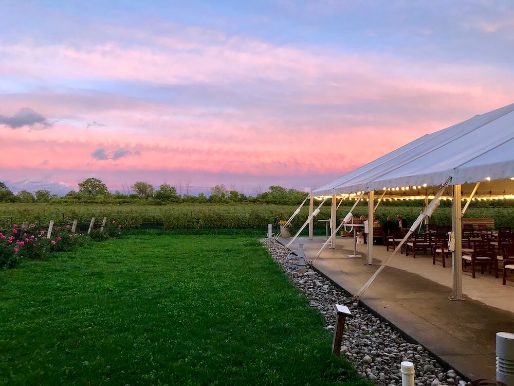 Tent with tables and chairs in front of the vineyards, sunset sky